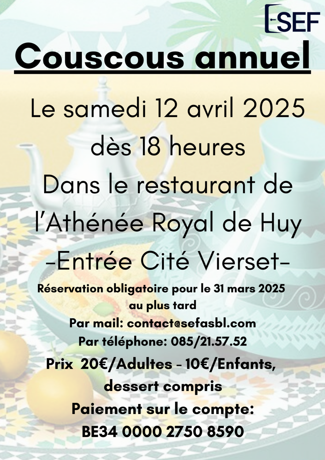 Affiche informative de l'évènement couscous du SEF du 12 avril 2025, 18h