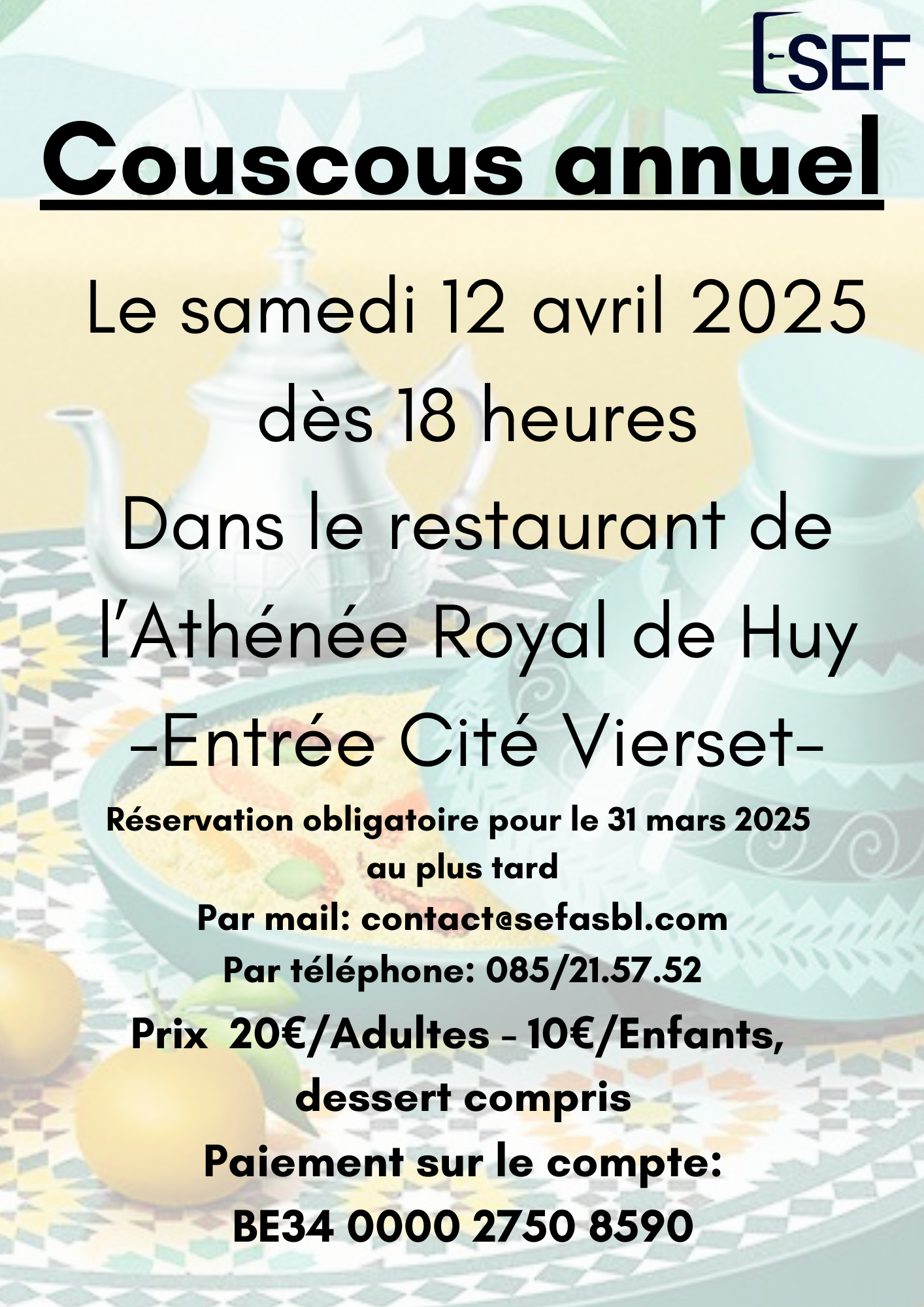 Affiche informative de l'évènement couscous du SEF du 12 avril 2025, 18h